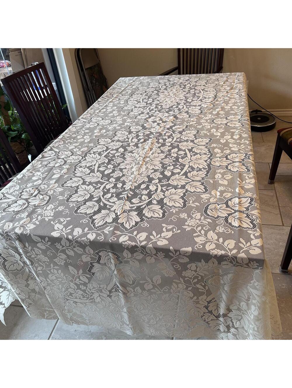 Vintage Cream Lace Tablecloth - Extra Long 60" x 116" (9'8") Floral Medallion